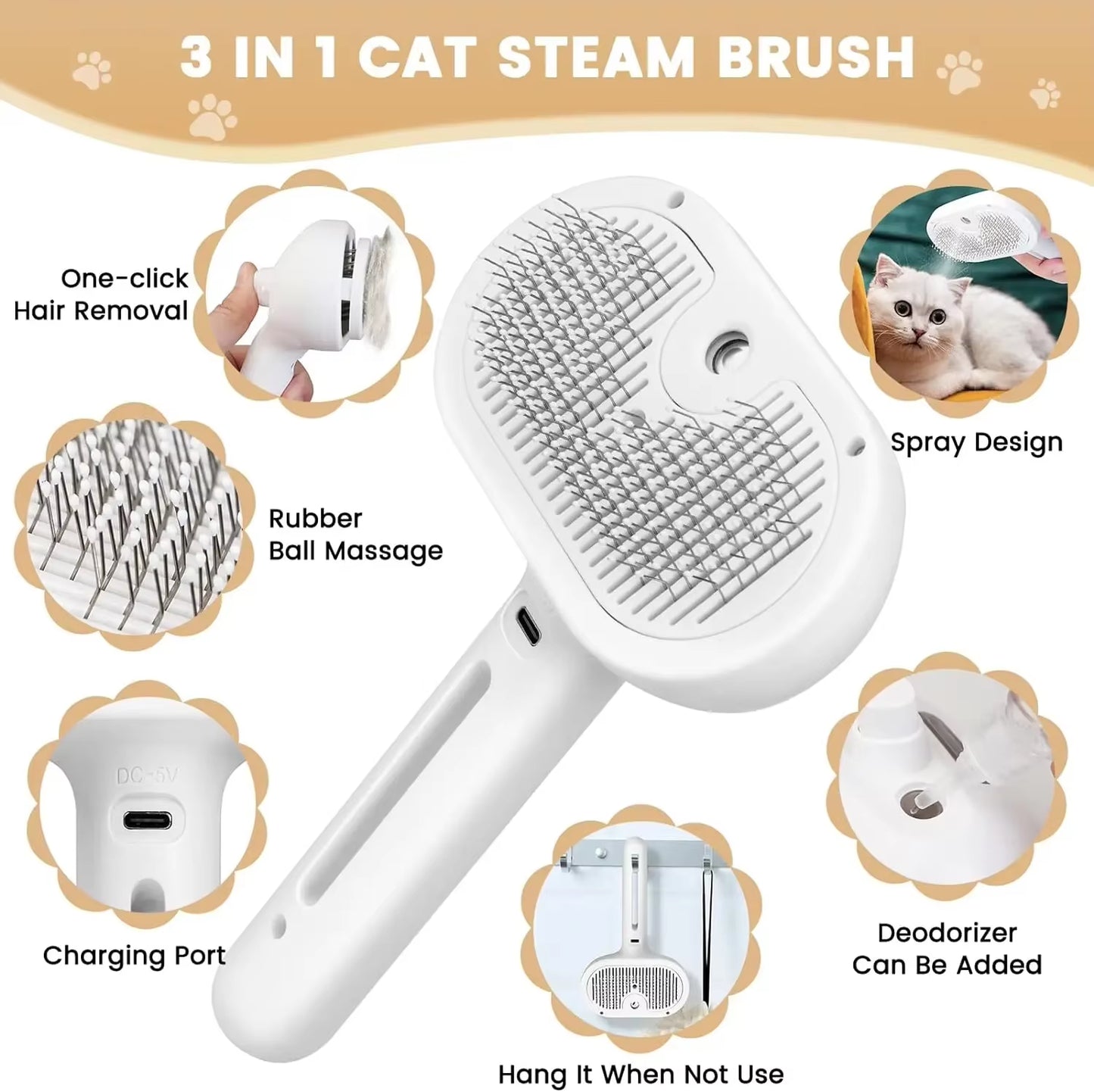 3-in-1 Electric Pet Grooming Brush with Steam and Spray for Cats and Dogs - Massage and Hair Removal Comb