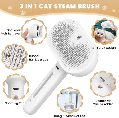 3-in-1 Electric Pet Grooming Brush with Steam and Spray for Cats and Dogs - Massage and Hair Removal Comb